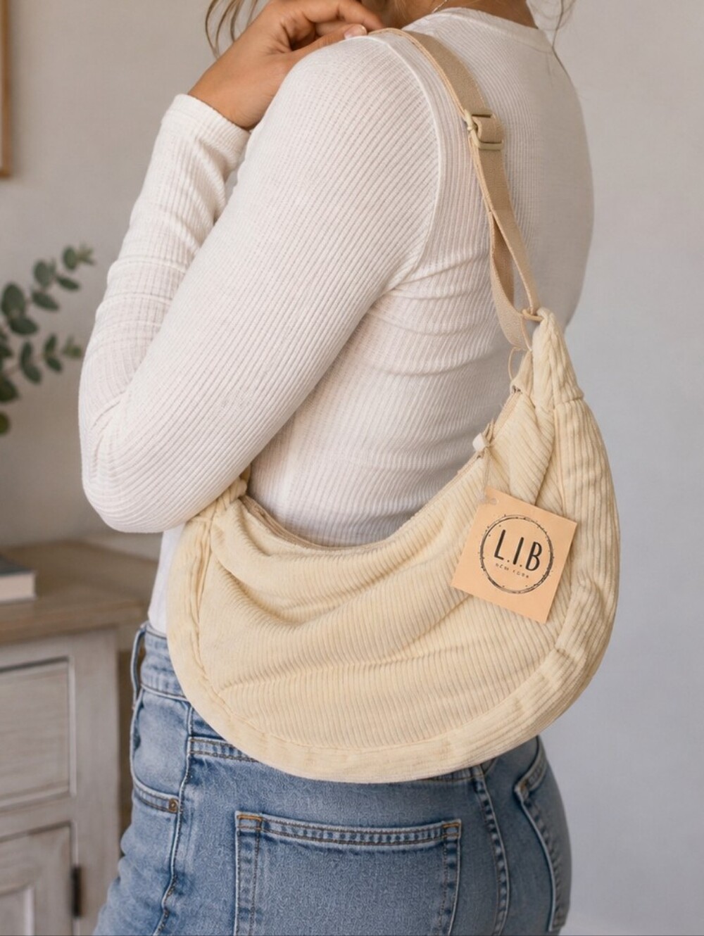LIB New York Cream Corduroy Hobo Shoulder Bag Crossbody Purse NWT